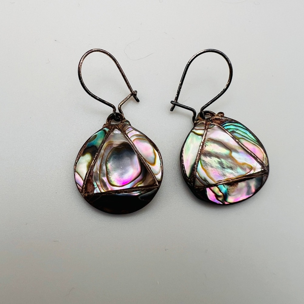 Vintage Abalone Shell Earrings Teardrop Dangle Silver Tone Mosaic Boho Statement